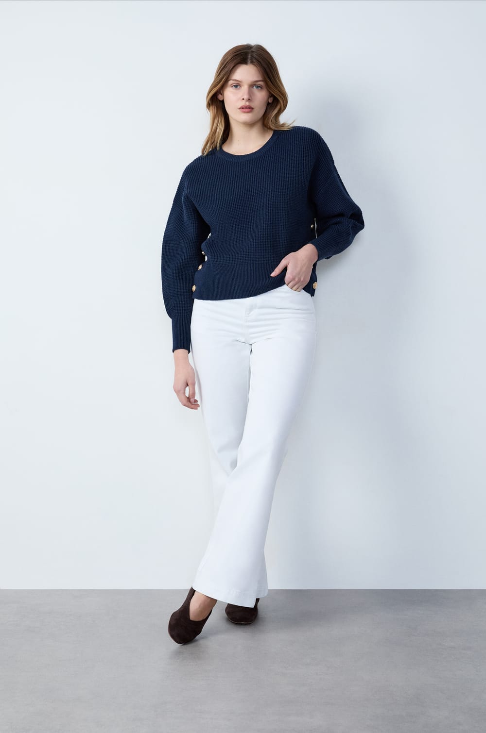 Sweater with Horn-Effect Buttons;${refinementColor}