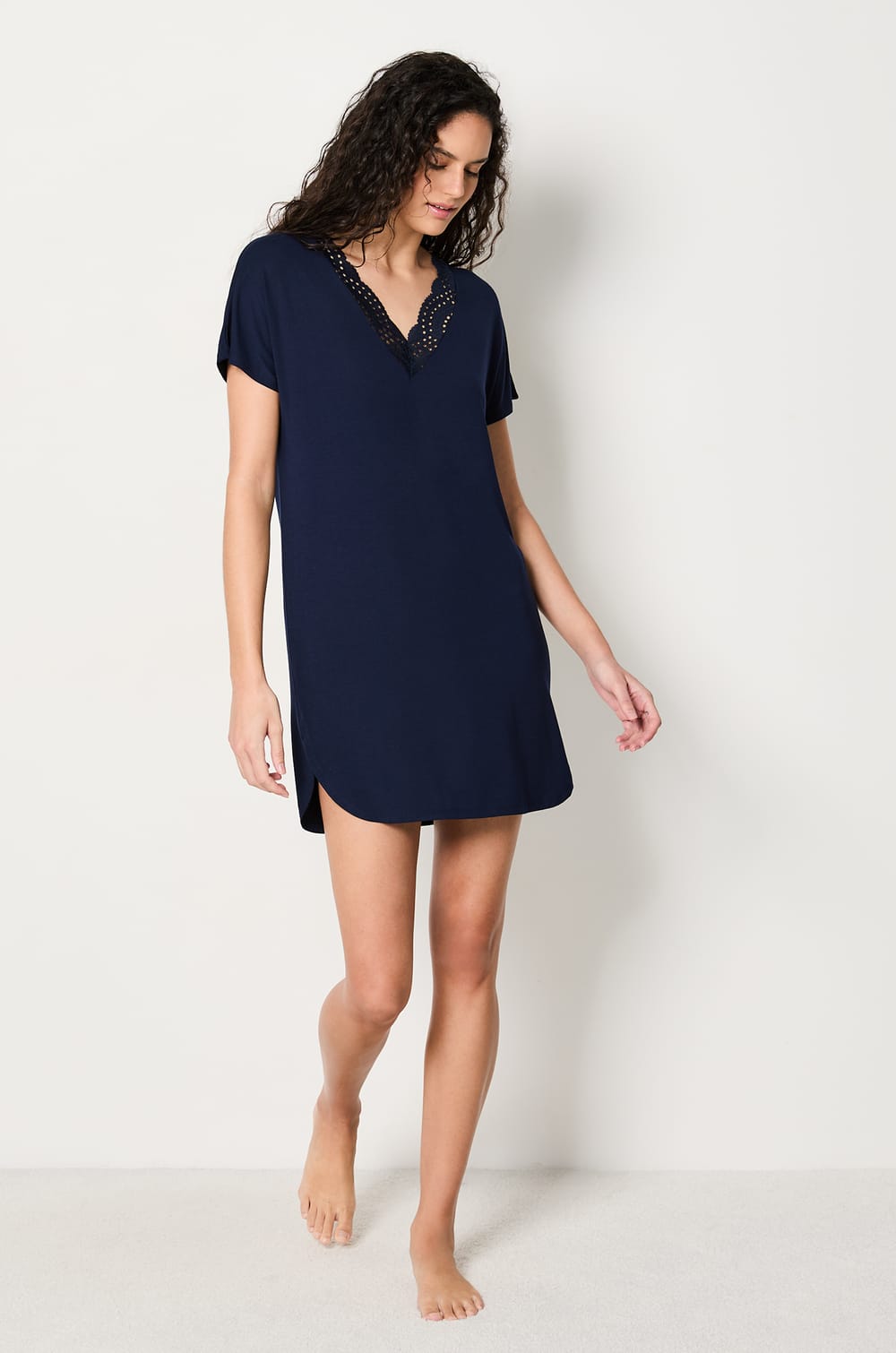 Modal nightdress with lace neckline;${refinementColor}