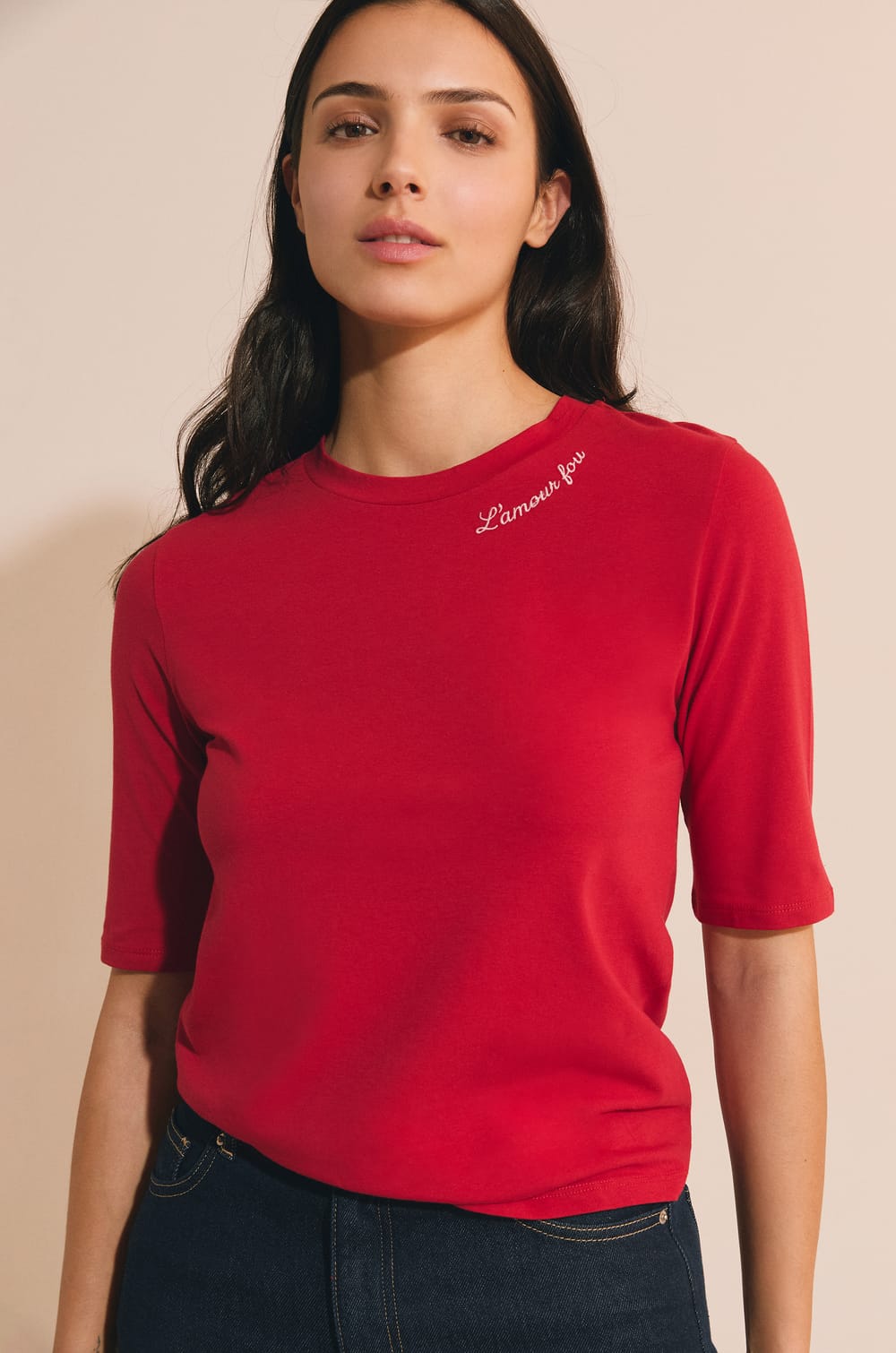 Camiseta de algod&oacute;n bordada con mangas hasta los codos;${refinementColor}