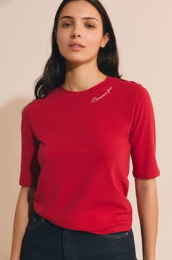 Camiseta de algod&oacute;n bordada con mangas hasta los codos;${refinementColor}