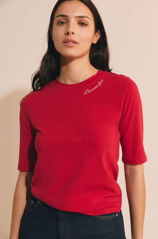 T-shirt en coton brod&eacute; manches coudes;${refinementColor}