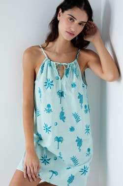 Short Printed Cotton Nightdress With Thin Straps;${refinementColor}