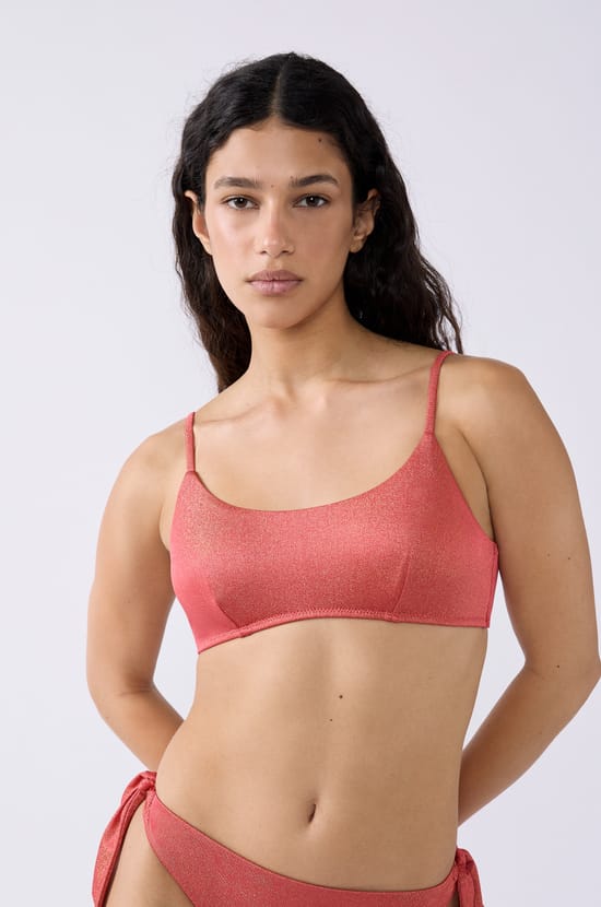Glittery tie-front bikini top;${refinementColor}