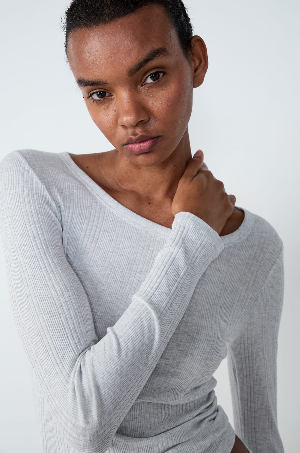 Long-sleeved ribbed cotton pyjama T-shirt;${refinementColor}