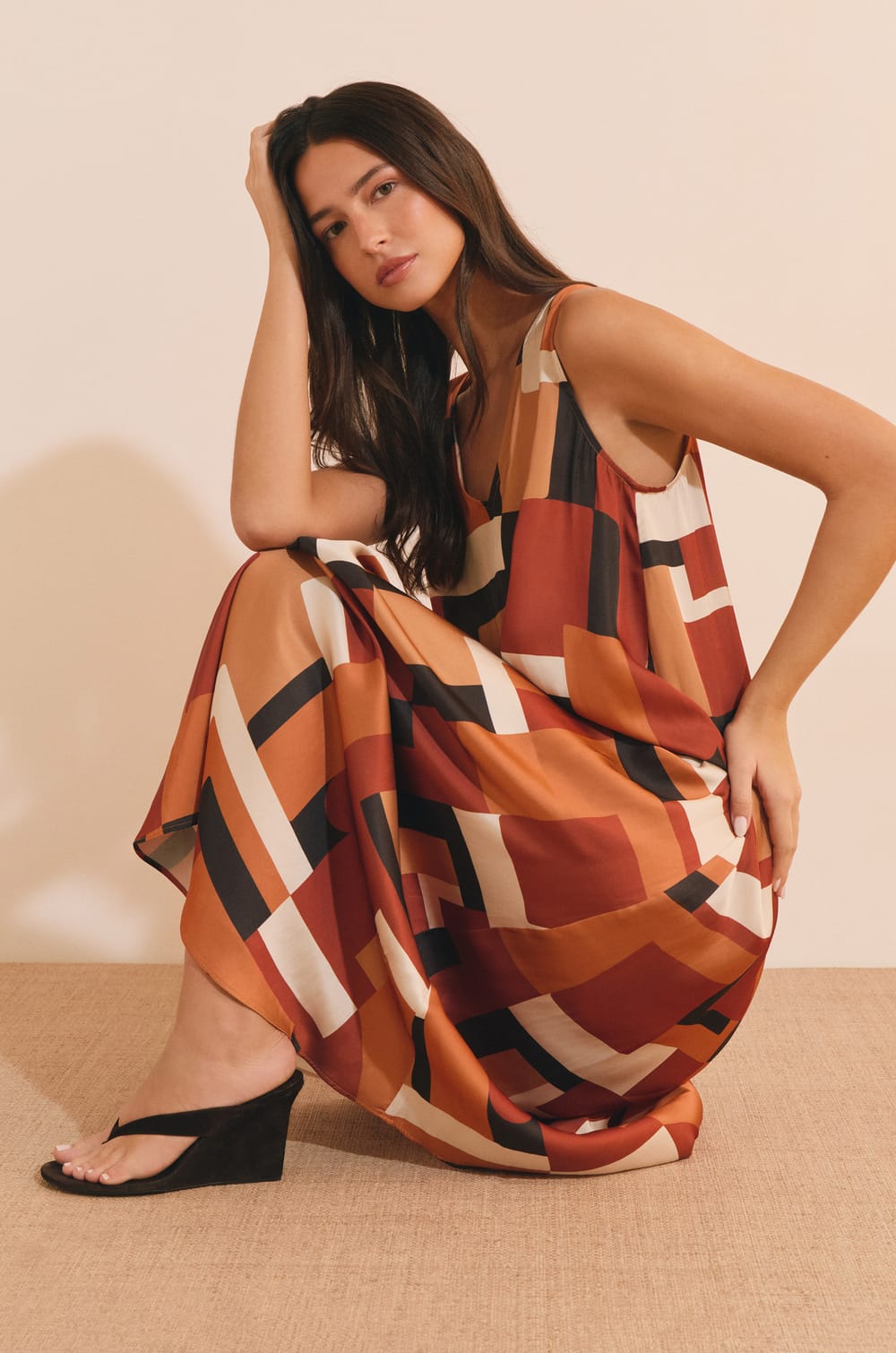 Robe longue &agrave; imprim&eacute; g&eacute;om&eacute;trique;${refinementColor}