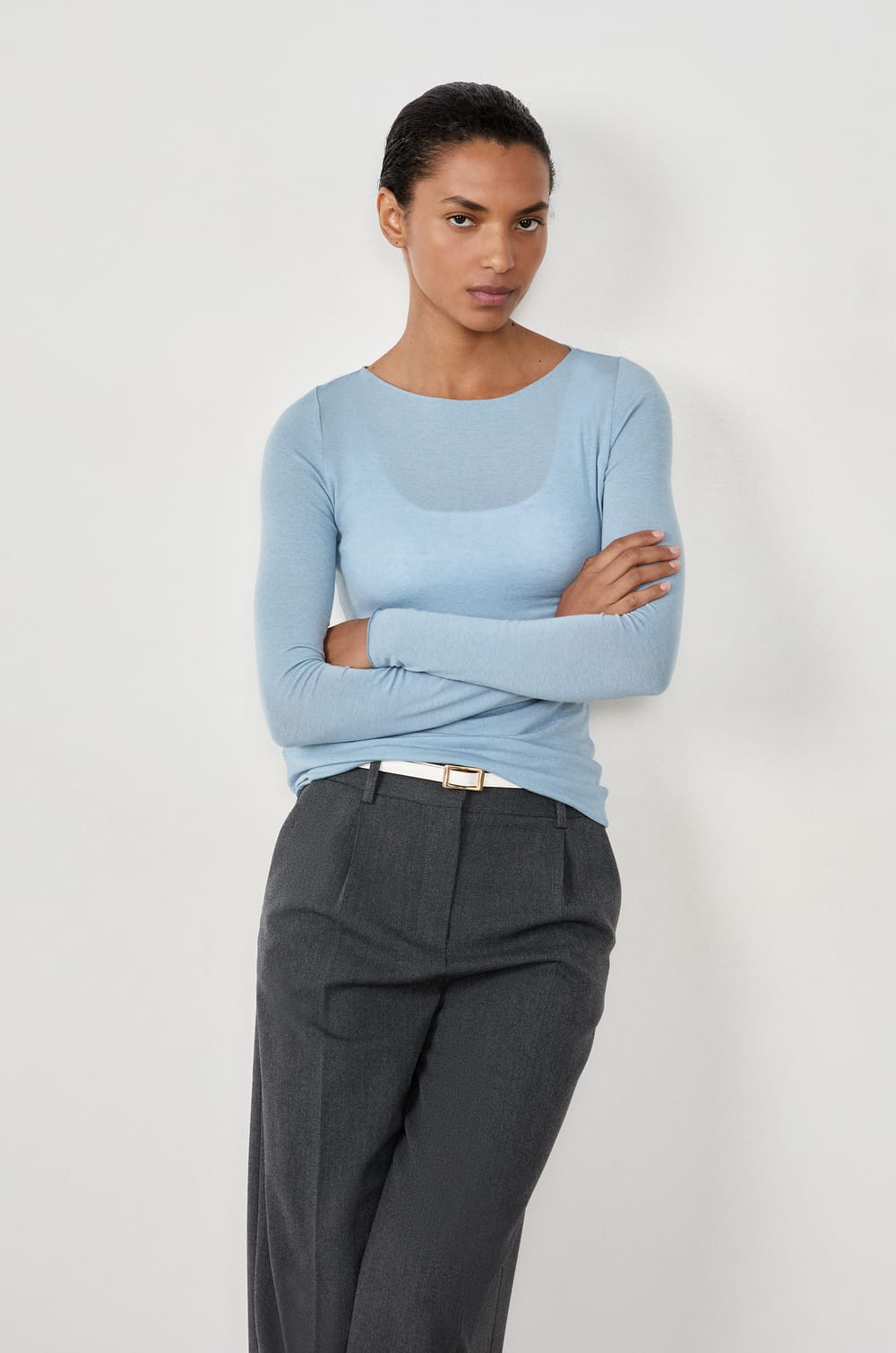 Long-sleeved boat neck T-shirt with cashmere;${refinementColor}