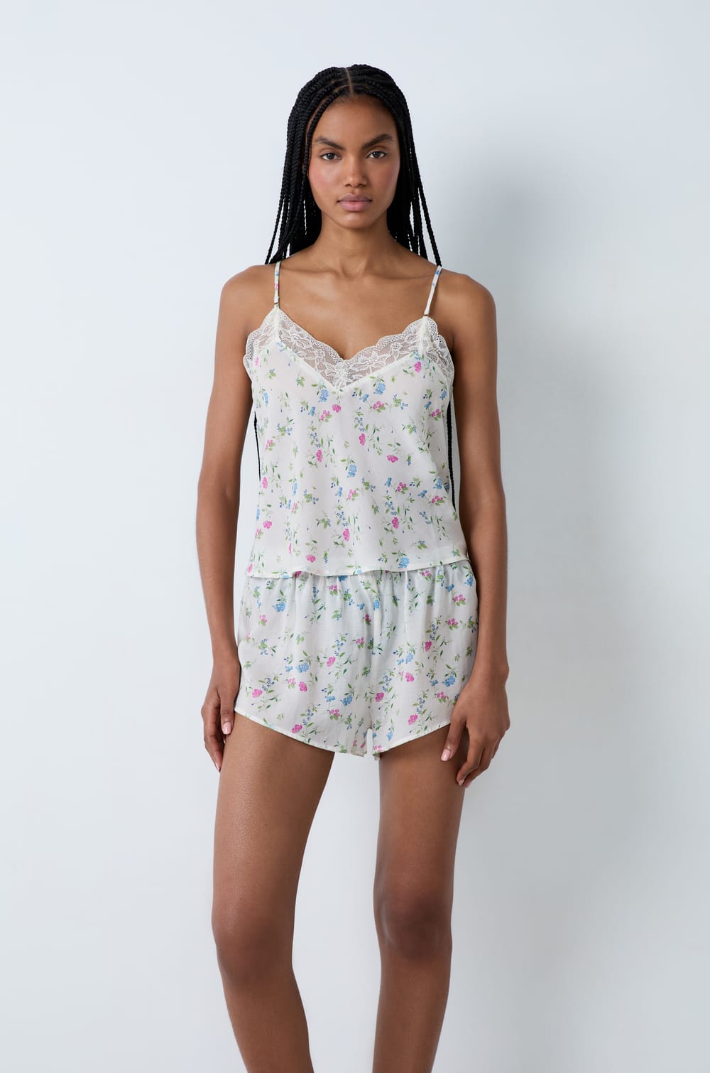 Floral print satin pyjama top with lace neckline;${refinementColor}