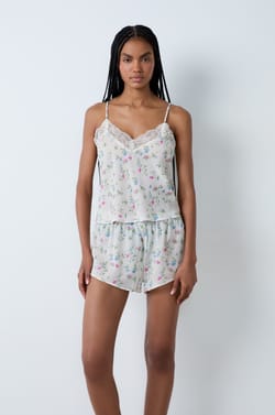 Floral print satin pyjama top with lace neckline;${refinementColor}