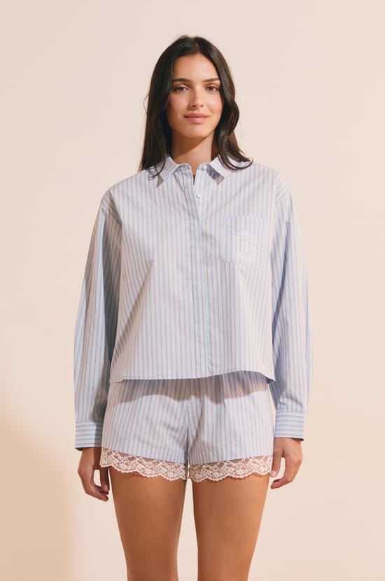 Chemise de pyjama &agrave; rayures en coton;${refinementColor}