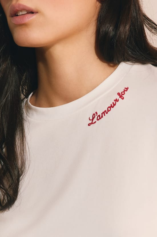 T-shirt en coton brod&eacute; manches coudes;${refinementColor}