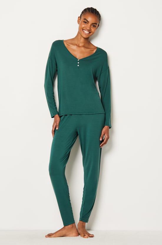 Long-Sleeved Button-Down Modal Pajama T-Shirt;${refinementColor}