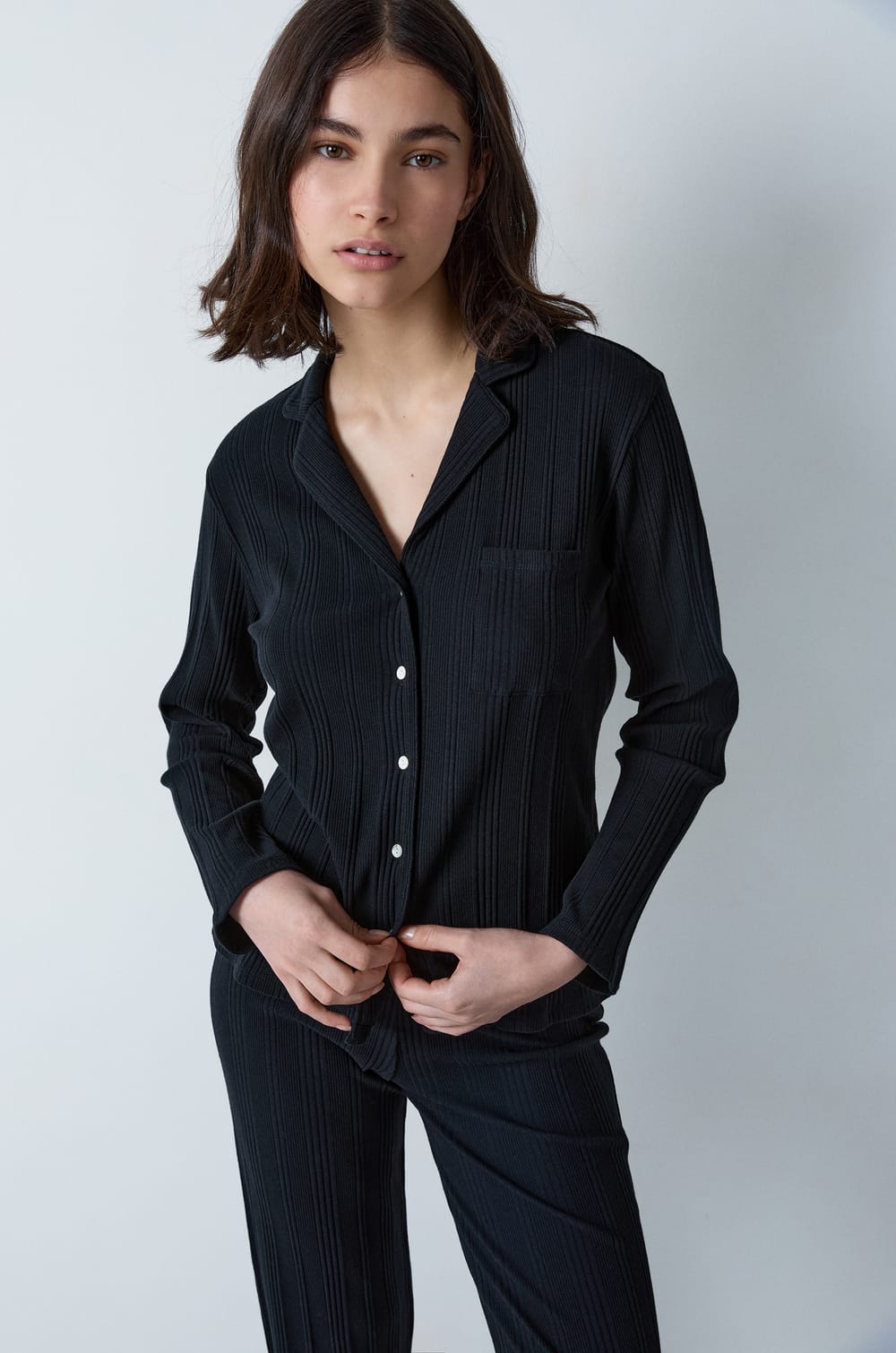 Ribbed Richelieu Pyjama Shirt;${refinementColor}
