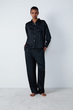 Long-Sleeved Satin Pyjama Shirt;${refinementColor}