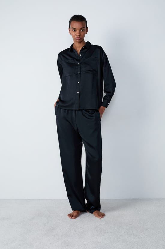 Long-Sleeved Satin Pyjama Shirt;${refinementColor}