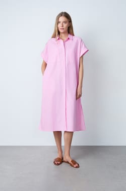 Robe mi-longue en coton manches courtes &agrave; rayures;${refinementColor}