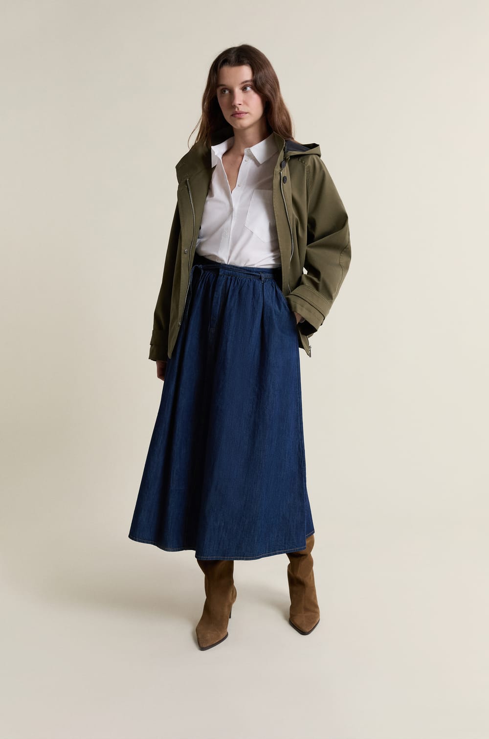 Jupe longue en jean;${refinementColor}