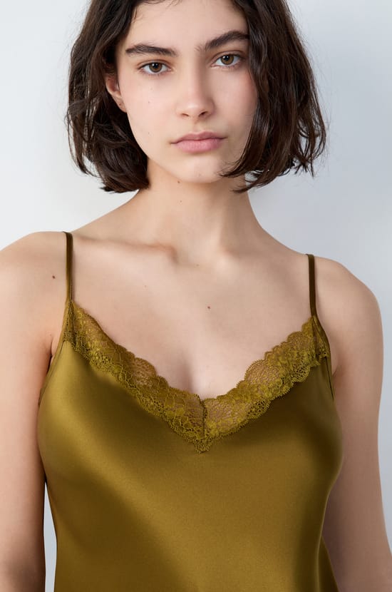 Silk Nightdress with Lace Neckline;${refinementColor}