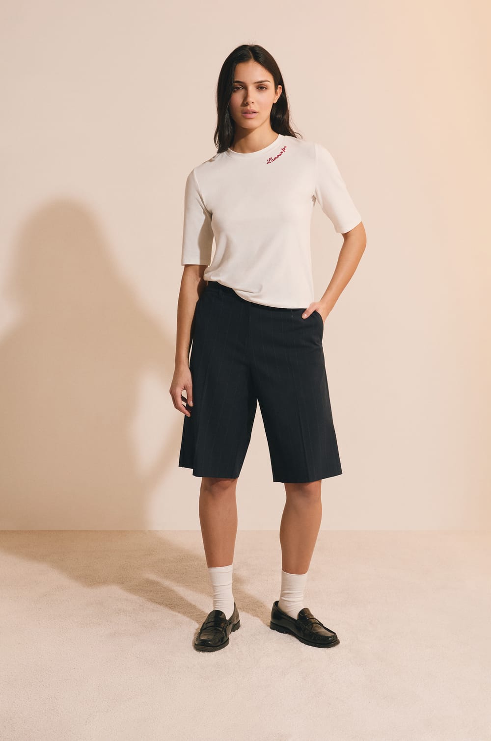 Camiseta de algod&oacute;n bordada con mangas hasta los codos;${refinementColor}