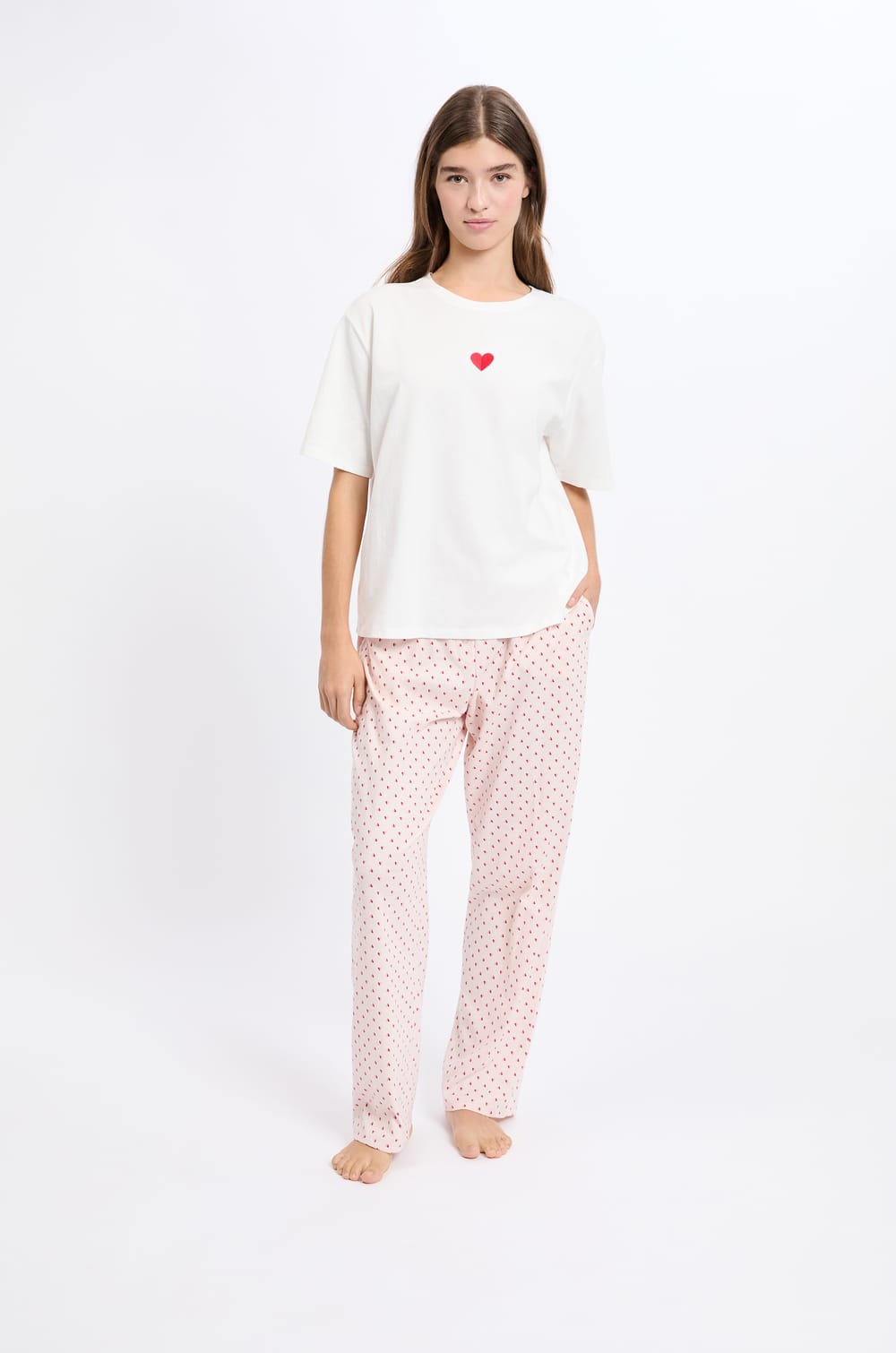 3-Piece Pyjama Set with Heart Print in Cotton;${refinementColor}