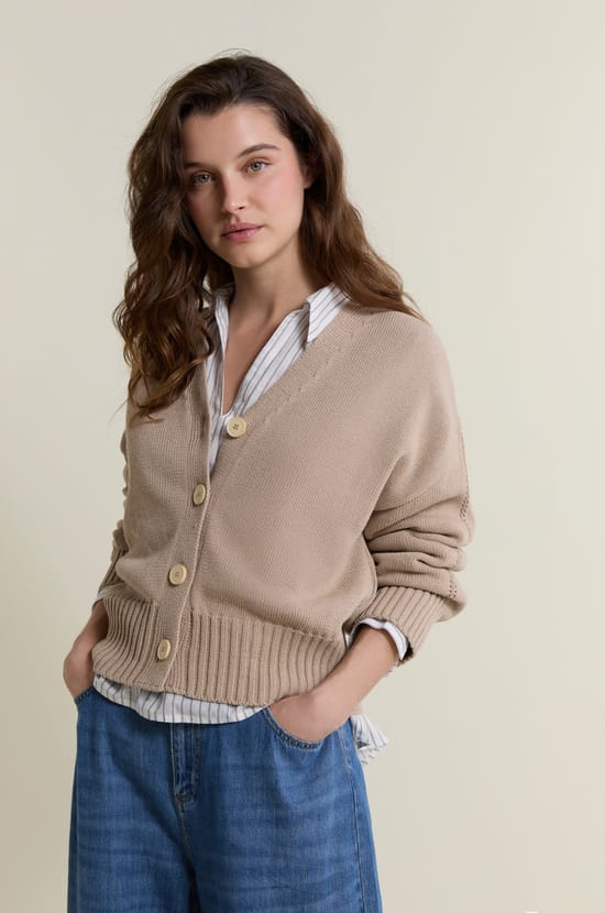V-neck Cardigan with Cotton;${refinementColor}
