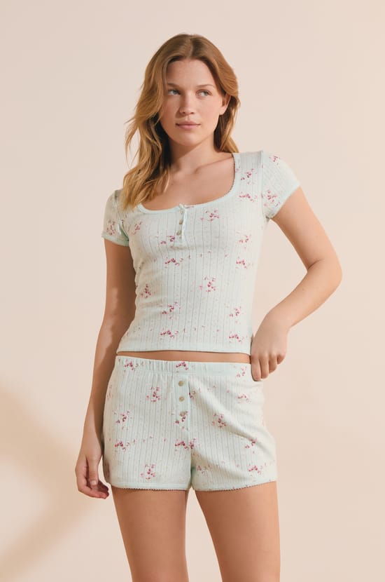 T-shirt de pyjama manches courtes en coton pointelle;${refinementColor}