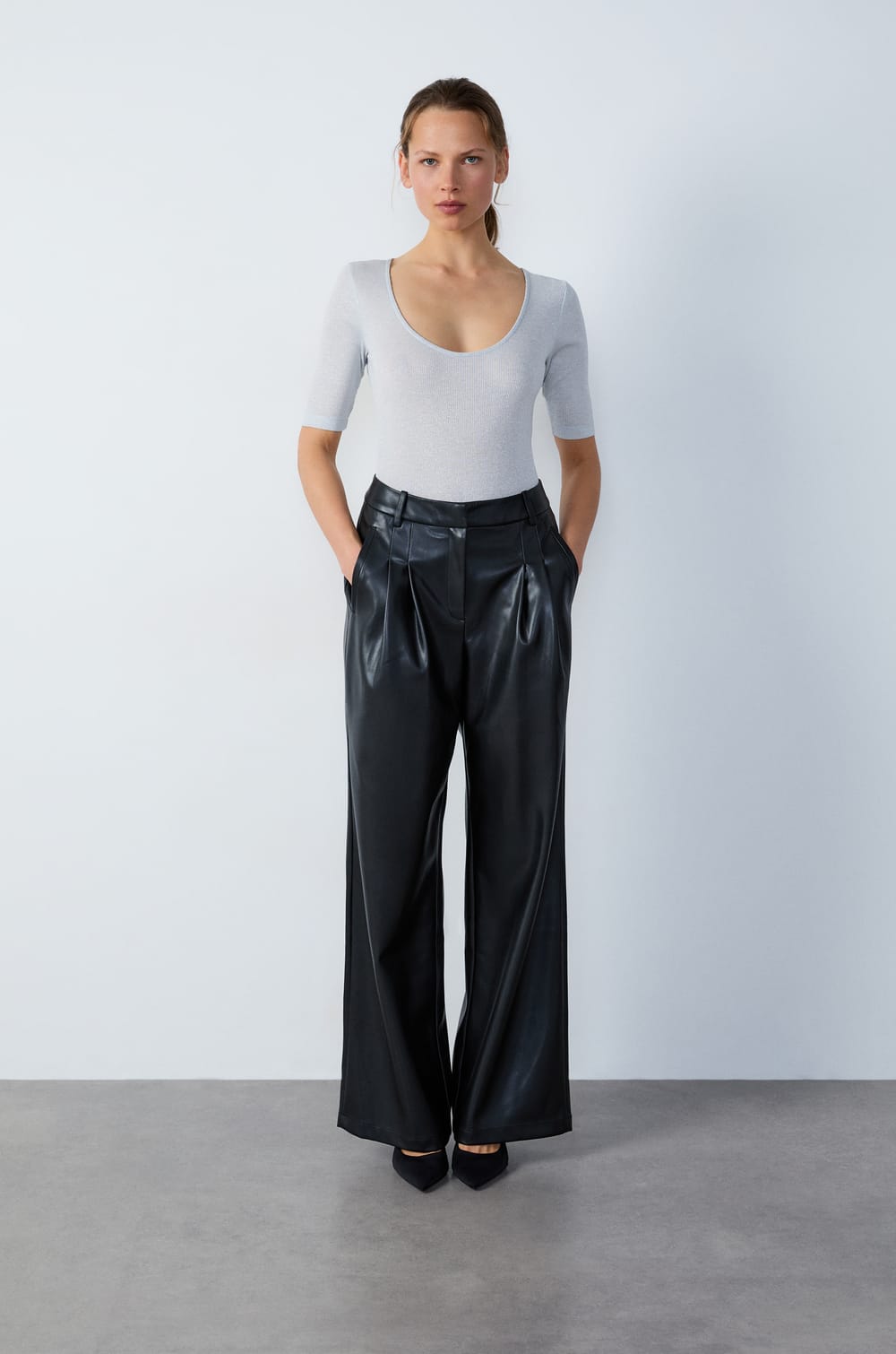 Wide-leg faux leather trousers;${refinementColor}