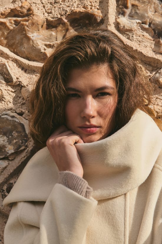 Short Coat with Built-in Scarf and Wool;${refinementColor}