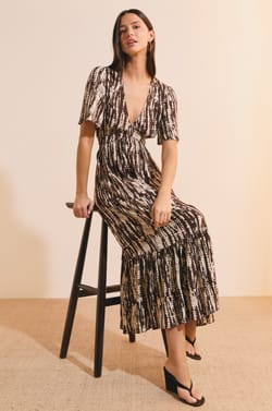 Robe longue col V &agrave; motifs;${refinementColor}