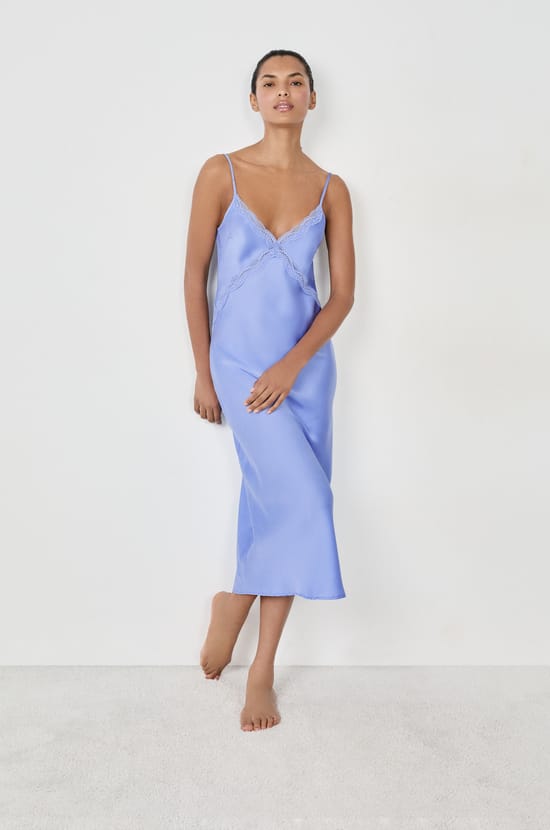 Long satin nightdress with lace details;${refinementColor}