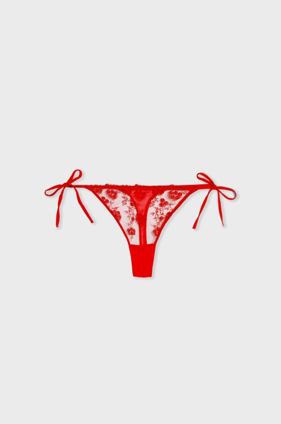 Tie-side thong in embroidered tulle;${refinementColor}