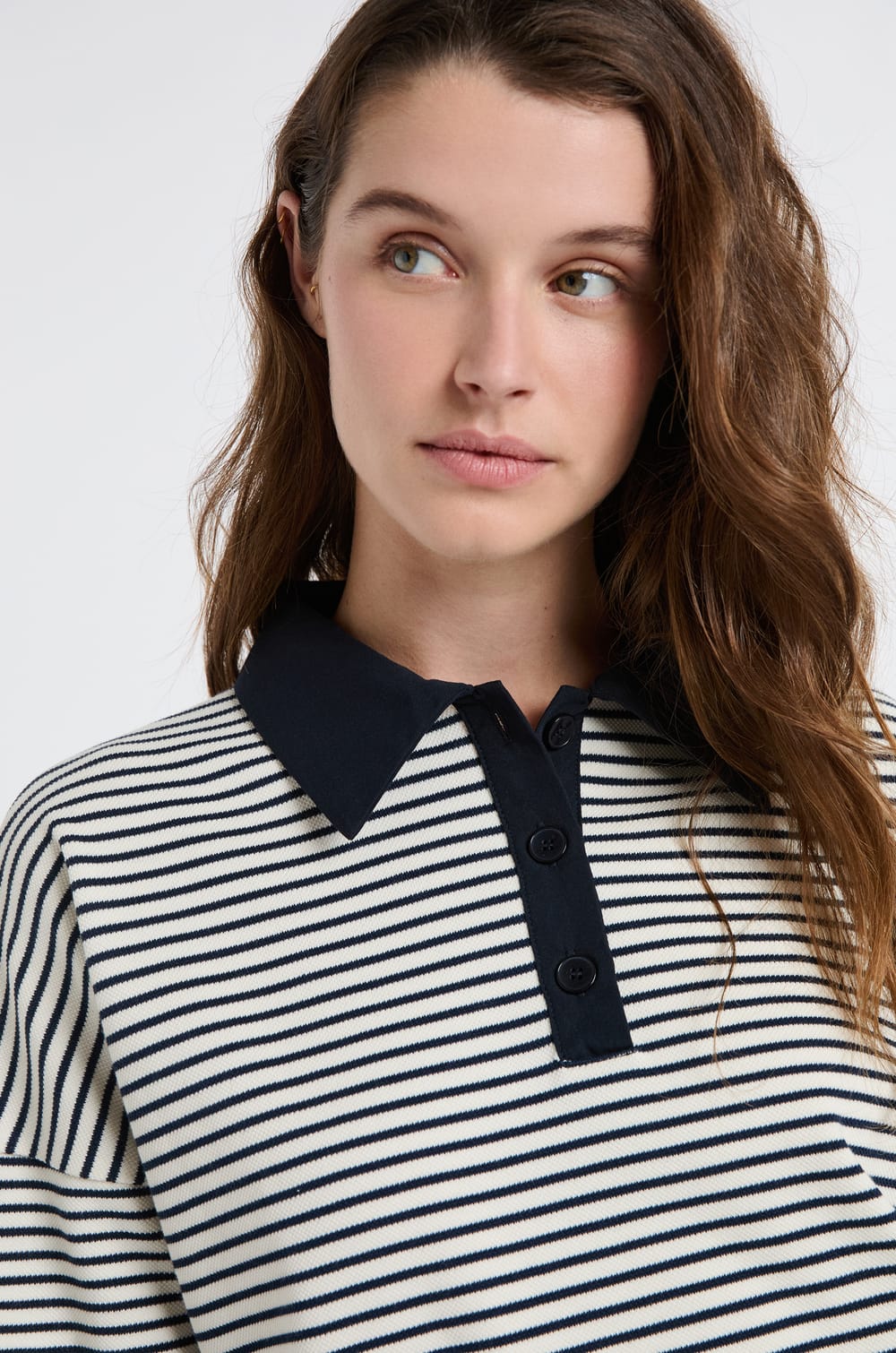 Sweat col polo &agrave; rayures en coton;${refinementColor}