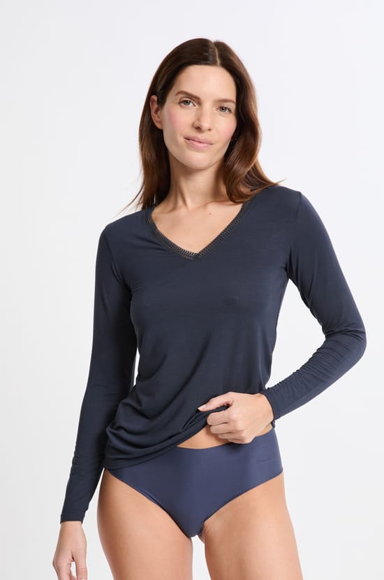 T-shirt col V maille thermique;${refinementColor}