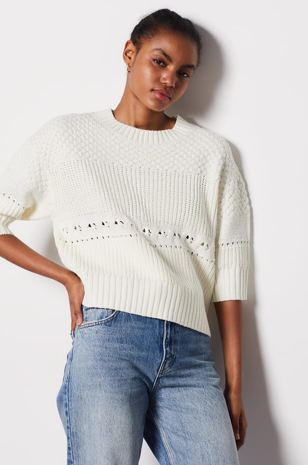Short-sleeved openwork sweater - ECAROLA - ECRU - ETAM