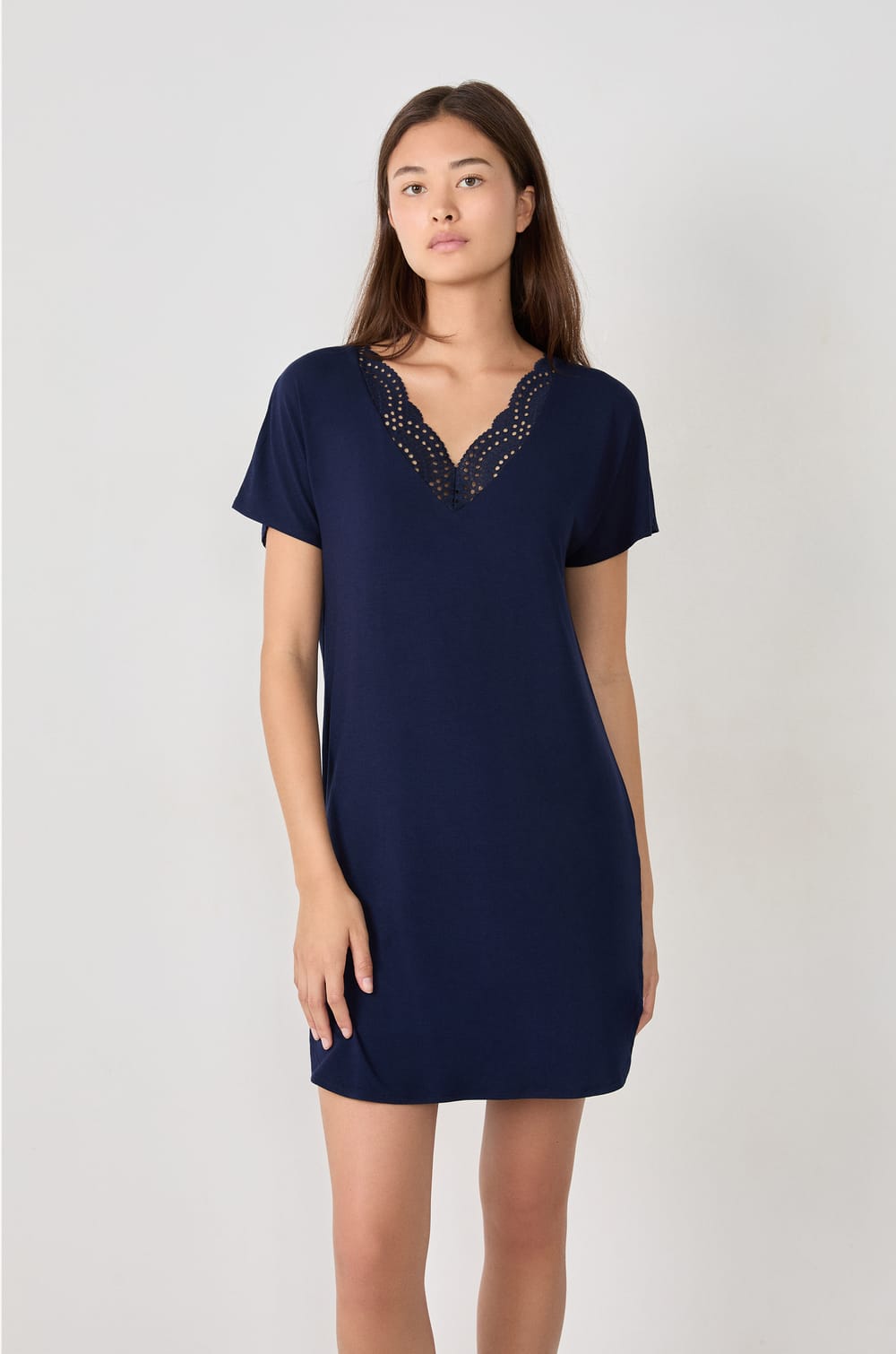 Modal nightdress with lace neckline;${refinementColor}