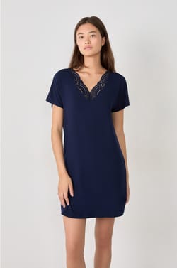Modal nightdress with lace neckline;${refinementColor}