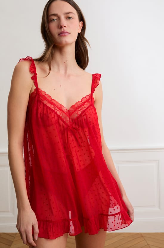 Nuisette transparente en tulle motif coeurs;${refinementColor}