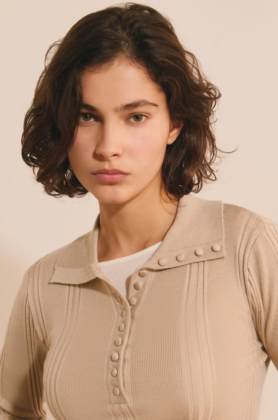Pull manches longues &agrave; col polo;${refinementColor}