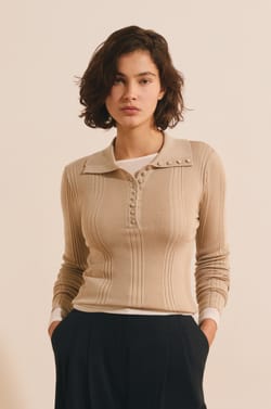 Pull manches longues &agrave; col polo;${refinementColor}