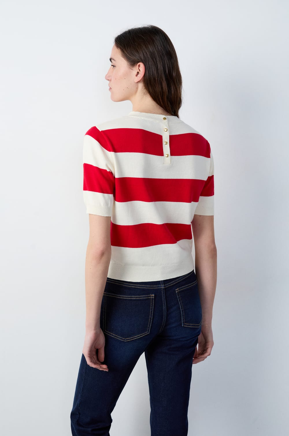 Short-sleeved striped sweater;${refinementColor}