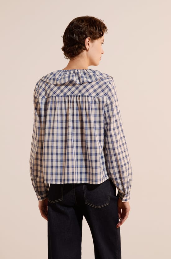 Blouse volant&eacute;e en coton &agrave; carreaux;${refinementColor}