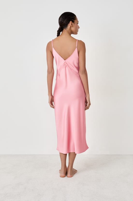 Long satin nightdress with lace details;${refinementColor}