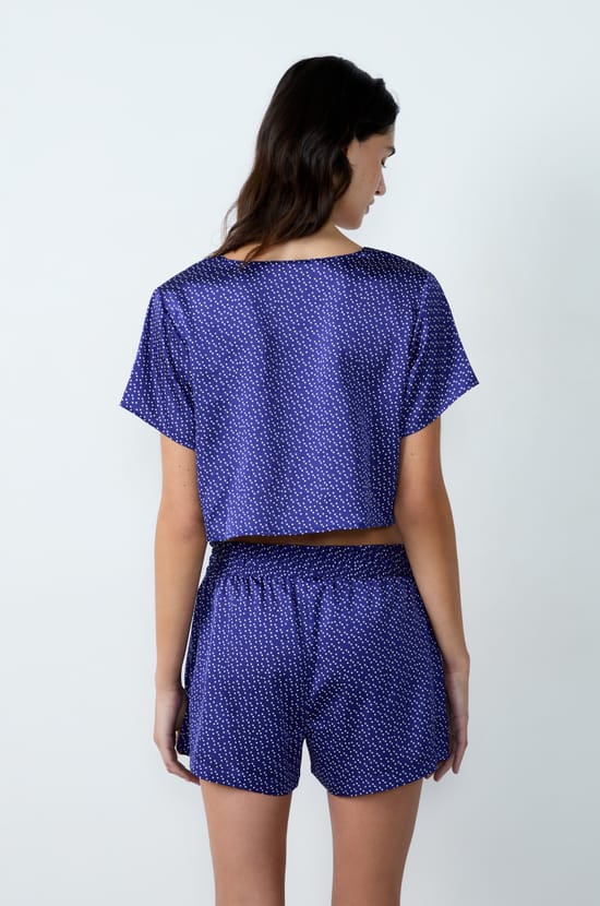 Satin Short-Sleeved Blouse With Bow Print;${refinementColor}