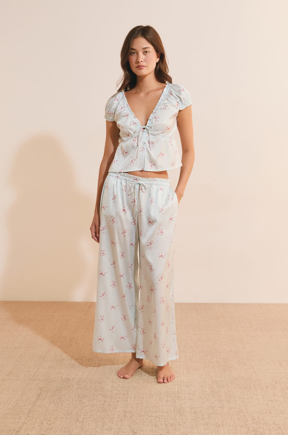 Short-Sleeve Patterned Satin Top;${refinementColor}