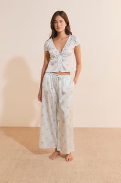 Short-Sleeve Patterned Satin Top;${refinementColor}