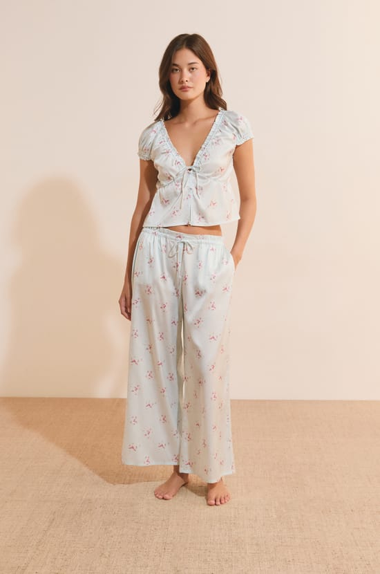 Short-Sleeve Patterned Satin Top;${refinementColor}