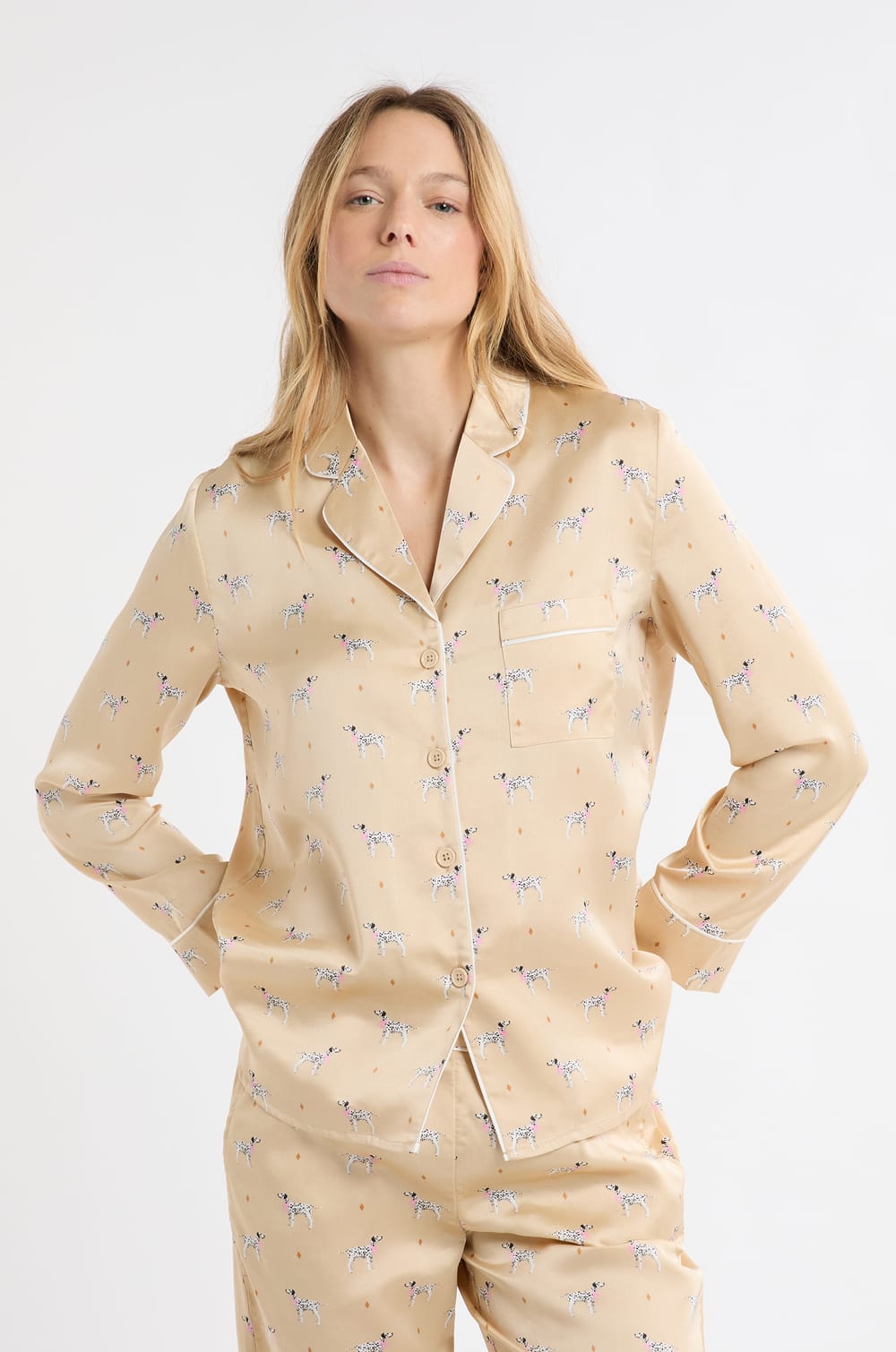Satin Pyjama Shirt with Dalmatian Print;${refinementColor}