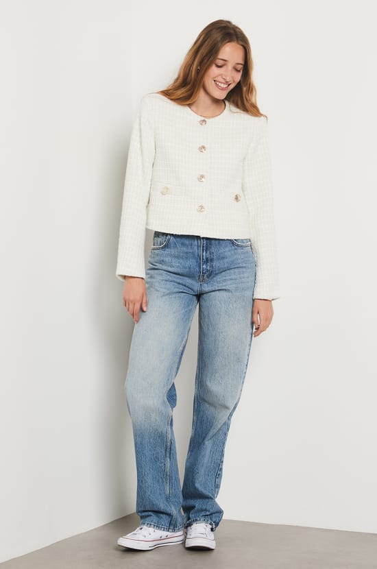Tweed-style short buttoned jacket;${refinementColor}
