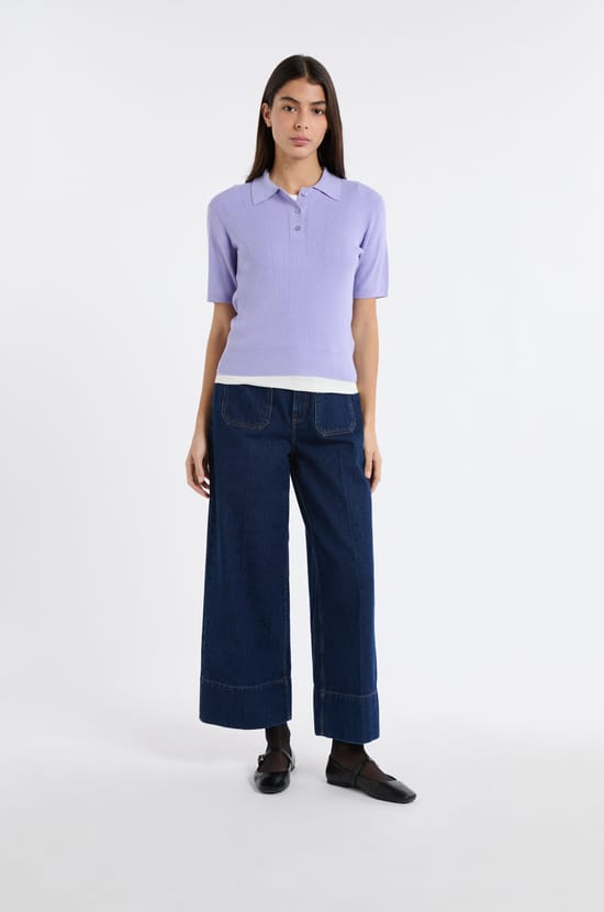 Short-Sleeve Polo In Fine Pointelle Knit;${refinementColor}