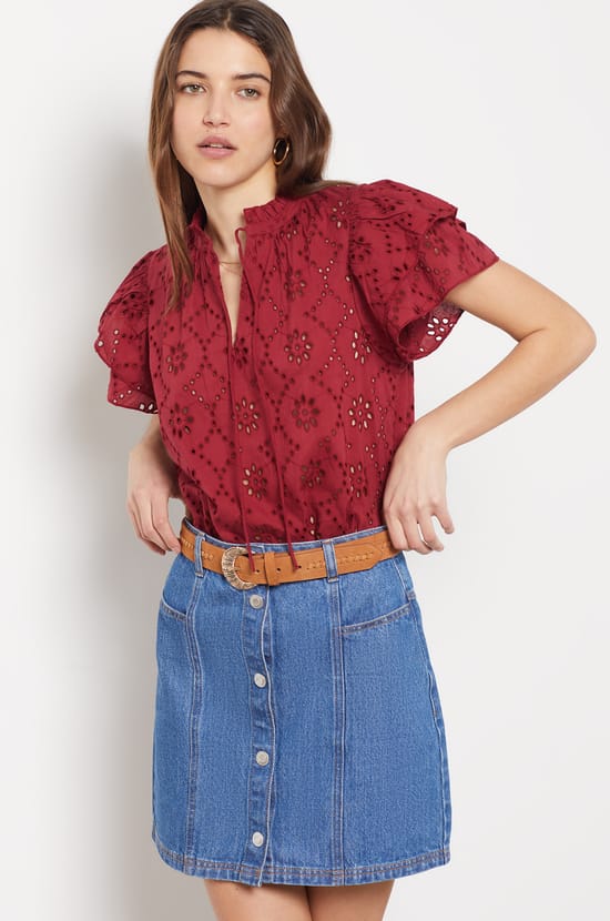 Broderie Anglaise Cotton Short-sleeved Top;${refinementColor}