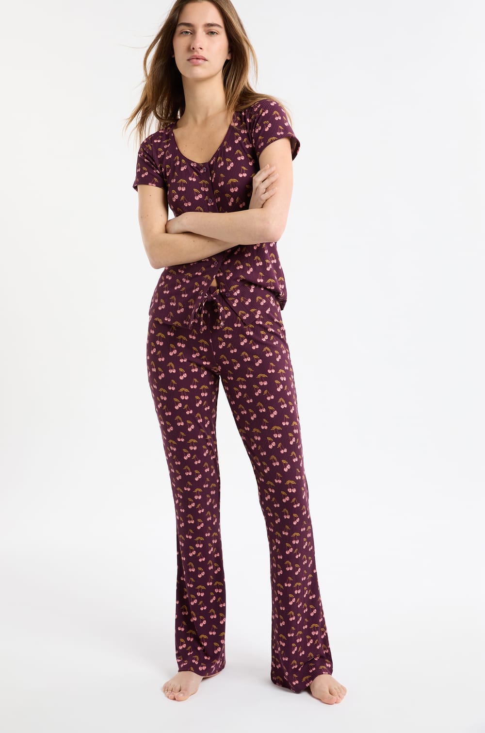 Cherry Print Pyjama Trousers;${refinementColor}